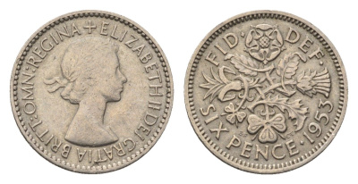 Великобритания 6 пенсов 1953 Елизавета II (1952-2022), год-тип KM 889, Spink 4141 медно-никель 4696-818