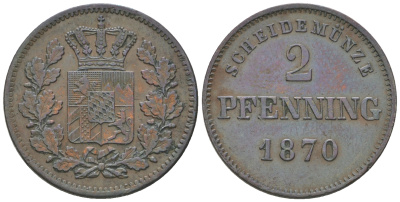 Бавария 2 пфеннига 1870 Людвиг II (1864-1886) KM 472, Jaeger 92, AKS 184 медь 54-825