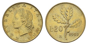Италия 20 лир 1992 R, дубовые листья KM 97 алюминиевая бронза 4685-146