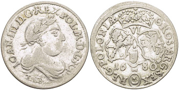 Польша 6 грошей (шостак) 1680 TLR, Ян III Собеский (1674-1696), вес 3,27 гр. Kopinski 267.4a серебро 1517-921