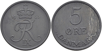 ДАНИЯ 5 ЭРЕ 1963 C; S, ФРЕДЕРИК IX (1947-1972) KM 843.2 цинк UNC 97-1212