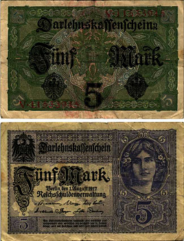 ГЕРМАНИЯ 5 МАРОК 1917 1 АВГУСТА 1917, ВОСЕМЬ ЦИФР В НОМЕРЕ Pick 56b бумага 8607-9-2-2