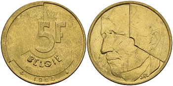 Бельгия 5 франков 1986 KM 163 алюминиевая бронза 4179-644