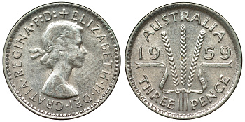 Австралия 3 пенса 1959 m, Елизавета II (1952-2022) KM 57 серебро 71-618
