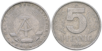 ГДР 5 пфеннигов 1968 А KM 9.1 алюминий 4625-142