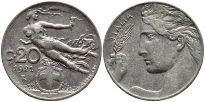 Италия 20 чентезимо 1921 R, Виктор Эммануил III (1900-1946) KM 44 никель 4398-221