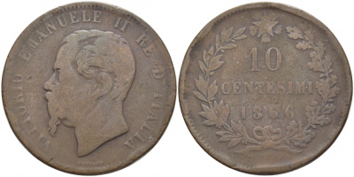 ИТАЛИЯ 10 ЧЕНТЕЗИМО 1866 ВИКТОР ЭММАНУИЛ II (1861-1878) KM 11.2 бронза 114-633