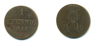 Ганновер 1 пфенниг 1842 S, Эрнст Август (1837-1851) KM 173.3, AKS 128, J. 54 медь 35-118