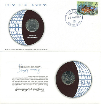 ТЕРКС И КАЙКОС 1/4 КРОНЫ 1981 КОНВЕРТ С МАРКОЙ ПЕРВОГО ДНЯ ГАШЕНИЯ, COINS OF NATIONS KM 51 медно-никель UNC 4294-69-1