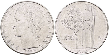 ИТАЛИЯ 100 ЛИР 1970 R, АФИНА У ОЛИВКОВОГО ДЕРЕВА KM 96.1 нержавеющая сталь 4545-643