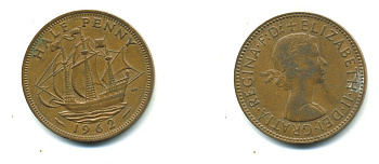 Великобритания 1/2 пенни 1962 Елизавета II (1952-2022) KM 896, Spink 4158 бронза 23-1342