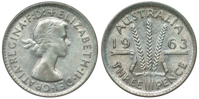 Австралия 3 пенса 1963 m, Елизавета II (1952-2022) KM 57 серебро 71-938