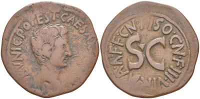 Римская Империя асс 15 г. до н.э. Октавиан Август, голова императора, CAESAR AVGVSTVS TRIBVNIC POTEST / SC CN PISO CN F IIIVIR AAAFF (монетарий Гней Пизон), Рим RIC 382 бронза 1073-23-62