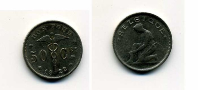 Бельгия 50 сантимов 1922 Belgique, Альберт I (1910-1934) KM 87 никель 37-228