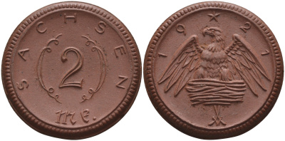 Саксония 2 марки 1921 J. N 56 фарфор 1094-1-85