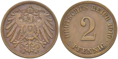 ГЕРМАНИЯ 2 ПФЕННИГА 1910 E KM 16, J. 11, Weege 4 медь 206-552