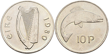 Ирландия 10 пенсов 1980 лосось KM 23 медно-никель 88-741