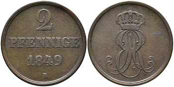 Ганновер 2 пфеннига 1849 В, Эрнст Август (1837-1851) KM 202.1 медь 4448-1044
