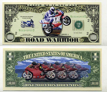 США 1000000 ДОЛЛАРОВ 2002 СУВЕНИРНАЯ БАНКНОТА, СКОРОСТНЫЕ ГОНКИ НА МОТОЦИКЛАХ бумага UNC (ПРЕСС) 8588-12-1-2