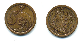 ЮАР 5 ЦЕНТОВ 1993 ГЕРБ, РАЙСКИЙ ЖУРАВЛЬ KM 134 сталь плакированная медью 4364-1127