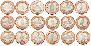 Южные Оркнейские острова полный набор из 9 монет (1 доллар) 2014 Острова Коронейшен, Фредриксен, Неприступный, Лори, Святого Матвея, Монро, Пауэлл, Робертсон и Сигни биметалл BU 1071-8-41-43