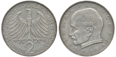 ФРГ 2 марки 1961 G, Макс Планк KM 116, J. 392 медно-никель плакированный никелем 72-314