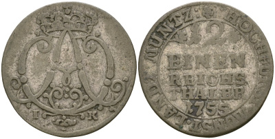 Мюнстер 1/2 талера 1755 IK KM 187 серебро 4132-1247