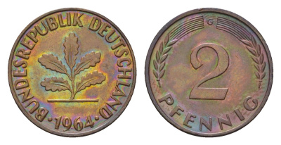 ФРГ 2 пфеннига 1964 G KM 106, J. 381 бронза 4682-1116