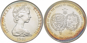 Остров Мэн 1 крона 1981 Королевская свадьба принца Чарльза и леди Дианы, гербы KM 81a серебро UNC 01-143-15