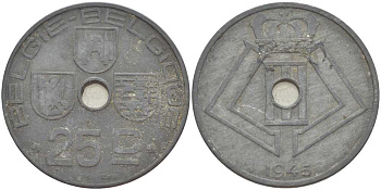 БЕЛЬГИЯ 25 САНТИМОВ 1945 BELGIE-BELGIQUE KM 132 цинк 180-1222