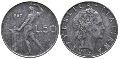 ИТАЛИЯ 50 ЛИР 1967 R, КУЗНЕЦ KM 95.1 сталь 83-1852