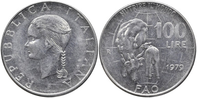 Италия 100 лир 1979 R, FAO, корова с теленком KM 106 нержавеющая сталь 4165-116