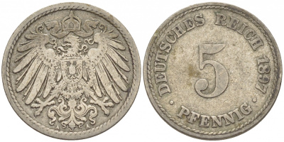 ГЕРМАНИЯ 5 ПФЕННИГОВ 1897 A, KM 11, J. 12 медно-никель 116-752