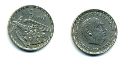 Испания 5 песет 1957 (71) Франсиско Франко (1939-1975) KM 786 медно-никель 53-1154