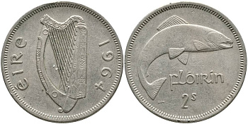 ИРЛАНДИЯ 1 ФЛОРИН = 2 ШИЛЛИНГА 1964 ЛОСОСЬ KM 15а медно-никель 4531-826