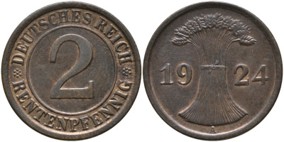 ГЕРМАНИЯ 2 РЕНТПФЕННИГА 1924 A J 307, KM 31 бронза UNC 66-717