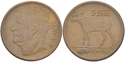 НОРВЕГИЯ 5 ЭРЕ 1965 ЛОСЬ, ОЛАФ V (1957-1991) KM 405 бронза 4402-124