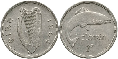 ИРЛАНДИЯ 1 ФЛОРИН = 2 ШИЛЛИНГА 1964 ЛОСОСЬ KM 15а медно-никель 4531-826