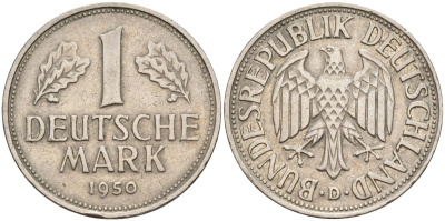 ФРГ 1 марка 1950 D KM 110, J. 385 медно-никель 4177-832