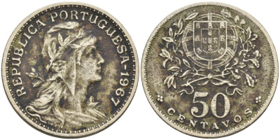 Португалия 50 сентаво 1967 KM 577 медно-никель 4591-1023