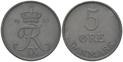 Дания 5 эре 1960 C; S, Фредерик IX (1947-1972) KM 843 цинк aUNC 4536-346