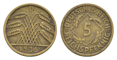 Германия 5 рейхспфеннигов 1935 D KM 39, J. 316 алюминиевая бронза 4636-751