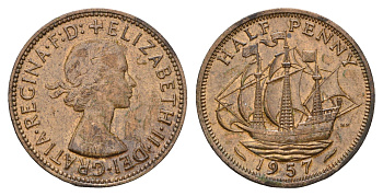 Великобритания 1/2 пенни 1957 Елизавета II (1952-2022) KM 896, Spink 4158 бронза 94-723