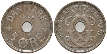 ДАНИЯ 5 ЭРЕ 1928 N ; GJ, КРИСТИАН X (1912-1947) KM 828.2 бронза 32-524