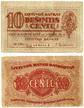 Литовская Республика 10 центов 1922 КАУНАС, 16 декабря 1922 года Pick 10, Кардаков К18.1.10 бумага 437-9-3-2