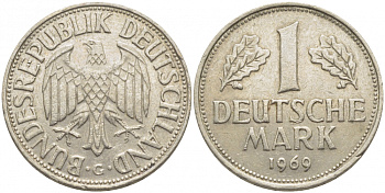 ФРГ 1 МАРКА 1969 G J.385, KM 110 медно-никель 3856-121