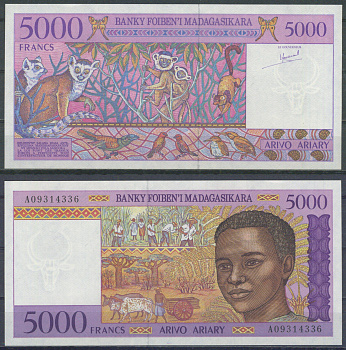 Мадагаскар 5000 франков = 1000 ариари ND (1995) Pick 78 a бумага UNC (пресс) 7553-8-4-2