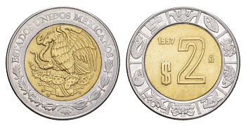 Мексика 2 песо 1997 Mo KM 604 биметалл 4637-635