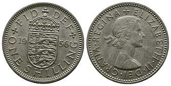 Великобритания 1 шиллинг 1956 Елизавета II (1952-2022), Английский герб KM 904, Spink 4147 медно-никель 4384-337