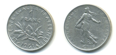 ФРАНЦИЯ 1 ФРАНК 1961 СЕЯТЕЛЬ KM 925.1 никель 57-115
